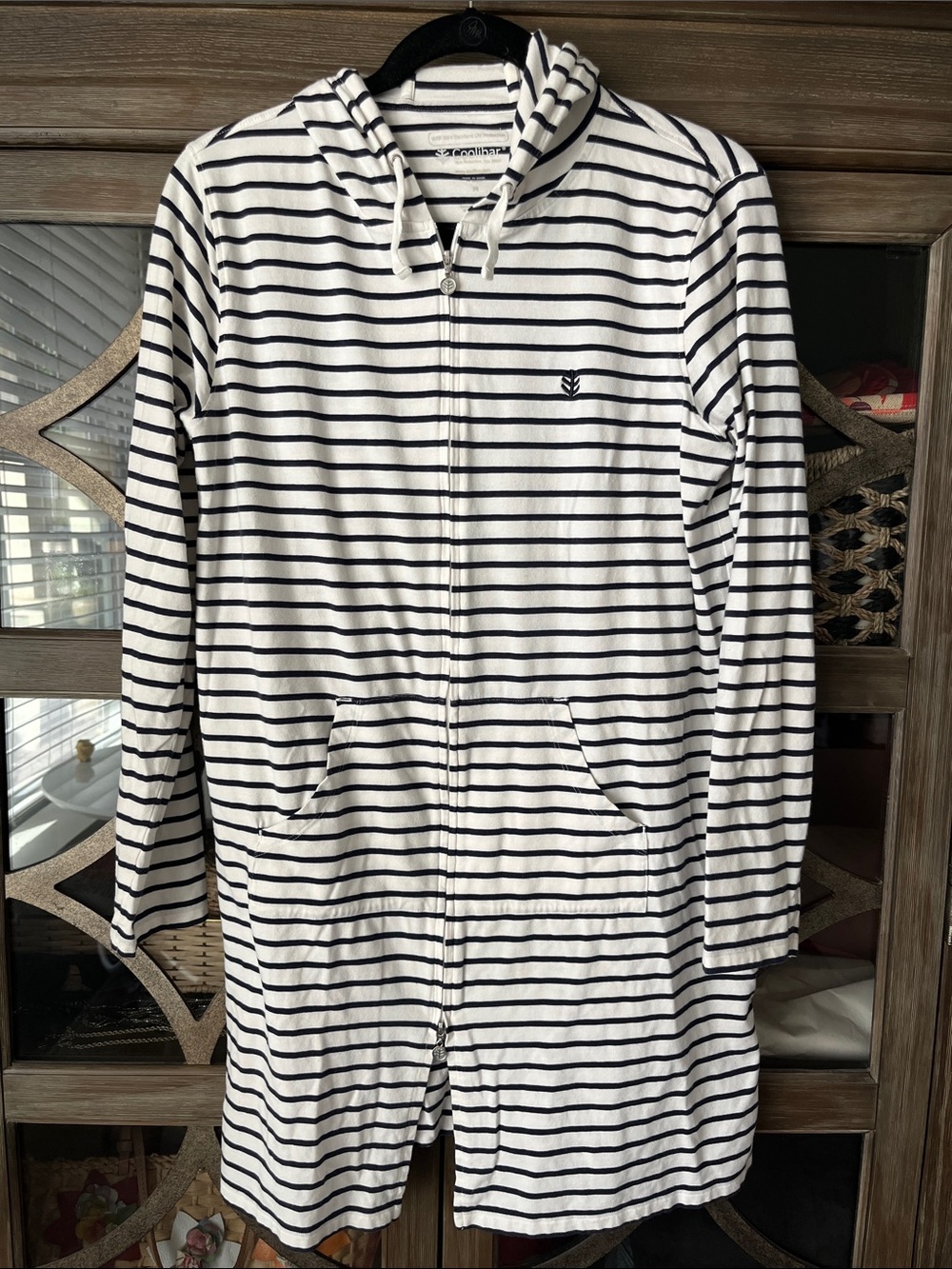 Coolibar White and Navy Striped Hooded Longline Coverup